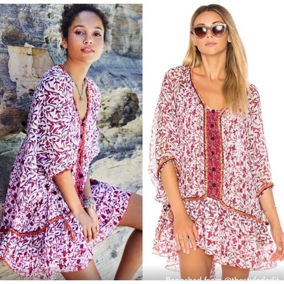 Poupette St Barth Women Pink Boho Ruffle Poncho Tiered Mini Dress, one size $300 - Picture 2 of 8